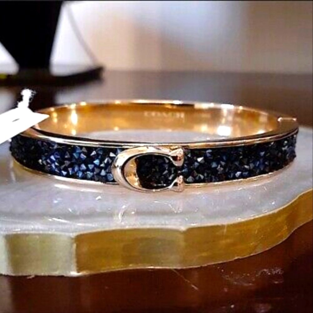 NEW COACH C Logo Hinged Bangle Bracelet Yellow Gold S/ Steel & Black Sprinkle